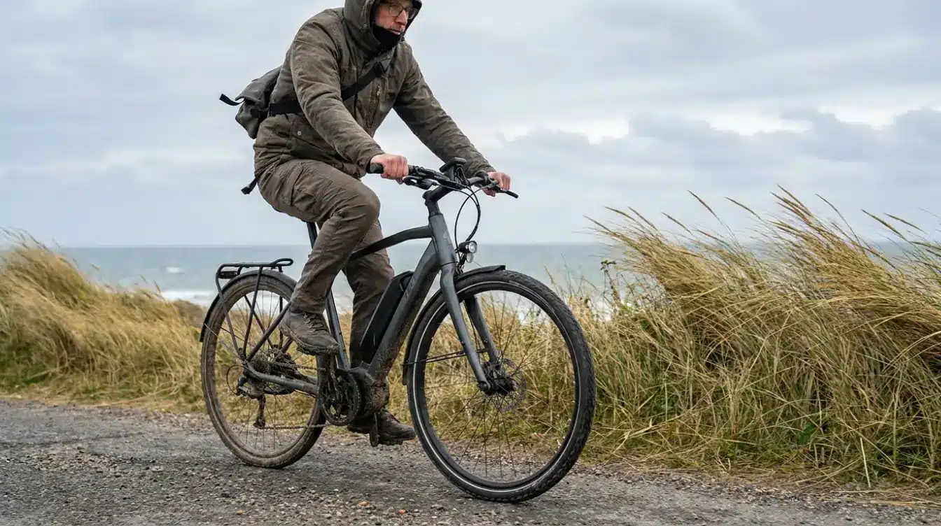 electric bike rider leaning into strong wind with realistic tire contact on rough pavement