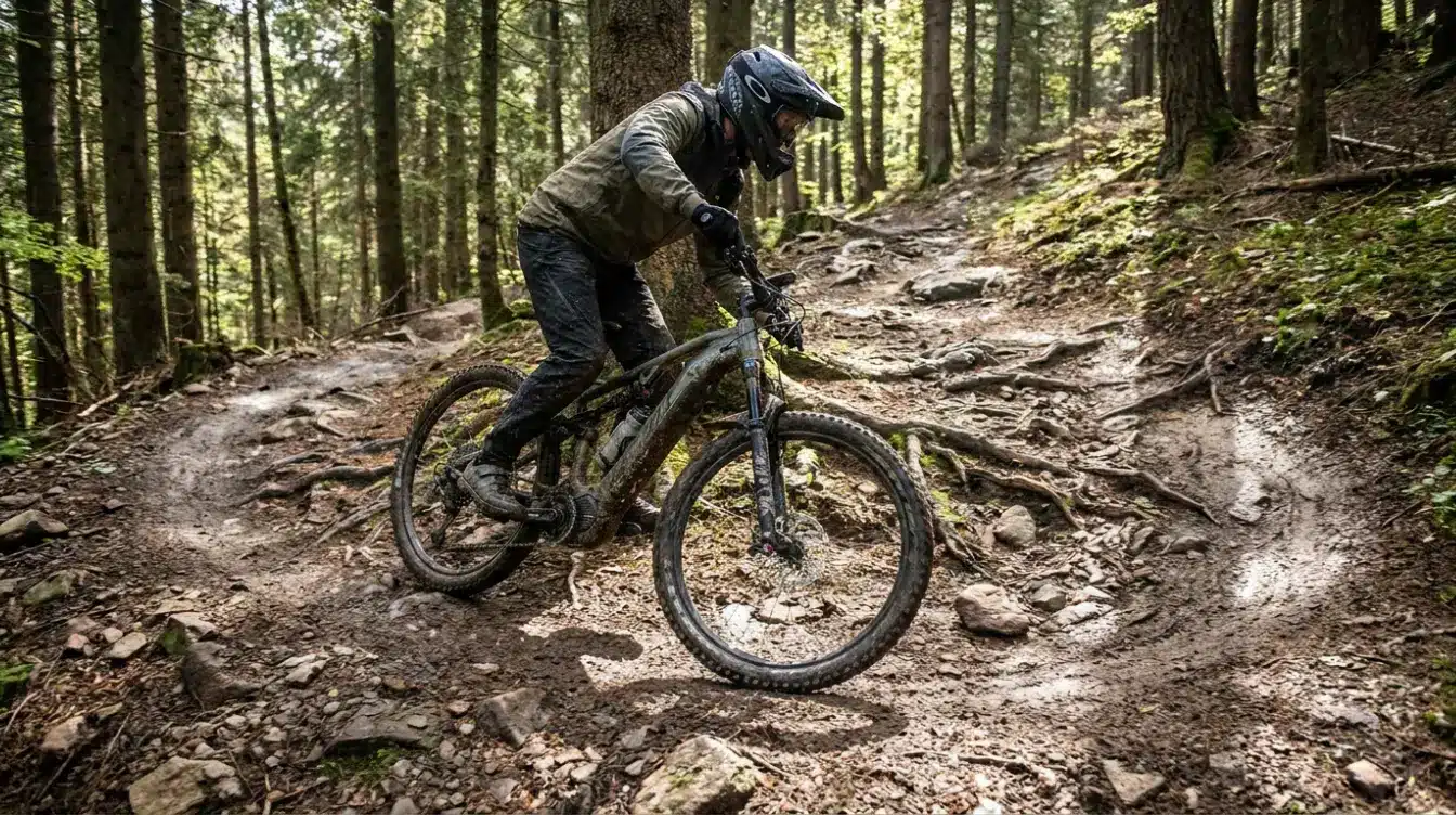 electric mountain bike rider climbing a rocky forest trail with roots turns and loose ground