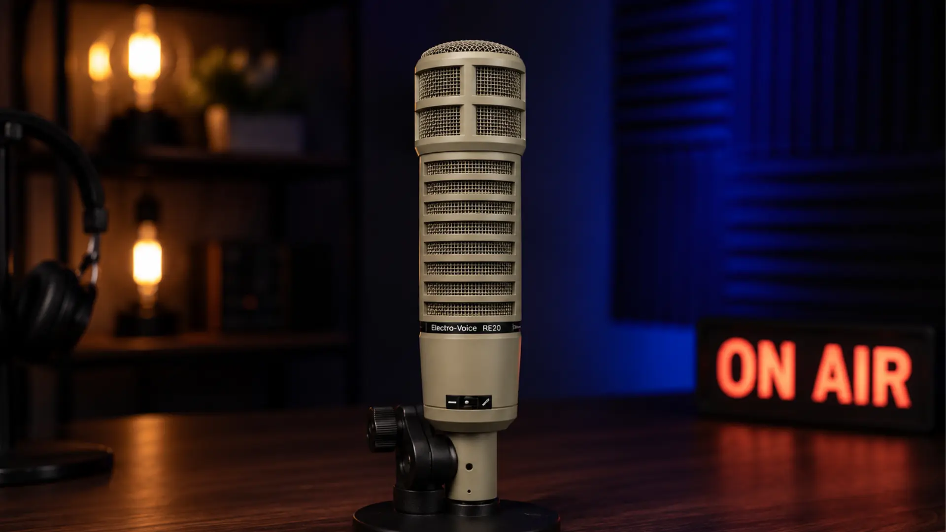 Electro-Voice RE20 microphone in a professional podcast studio setup