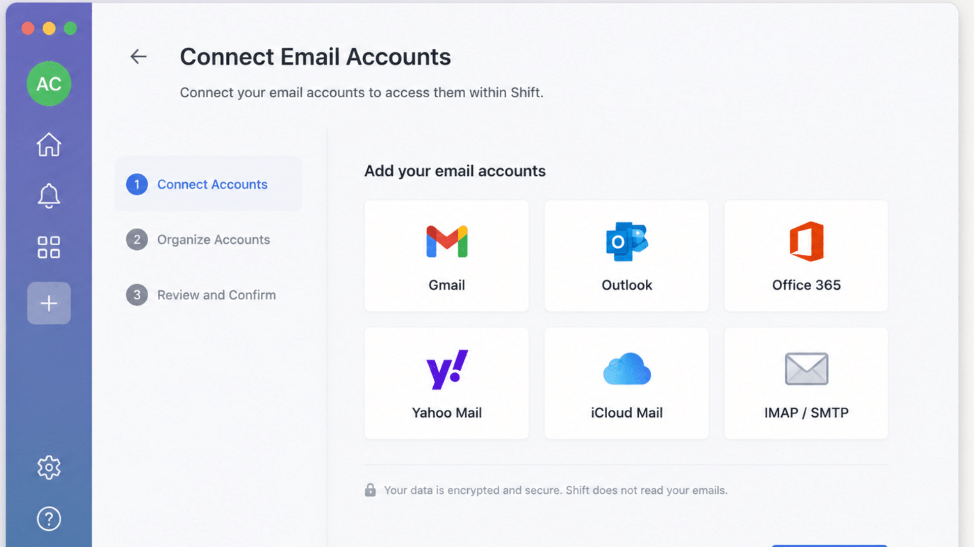email account setup screen showing inbox access and user profile options on a computer