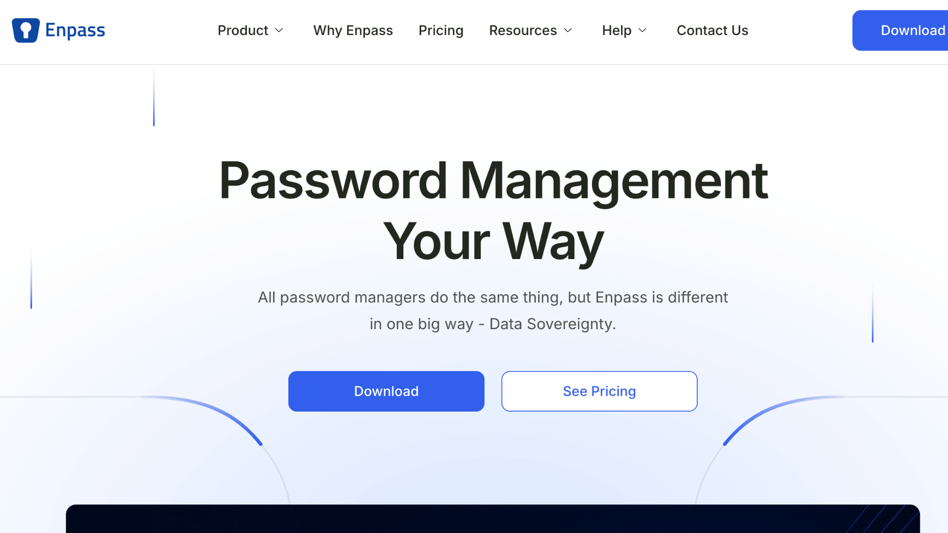 enpass homepage promoting password management with secure data sovereignty features download button and pricing options