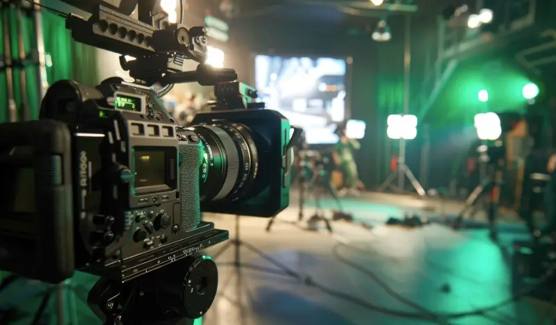 Film camera setup in professional studio with bright lights and green background