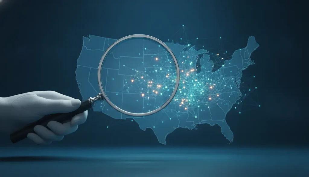 Hand holding magnifying glass over digital map of the United States with data points connected