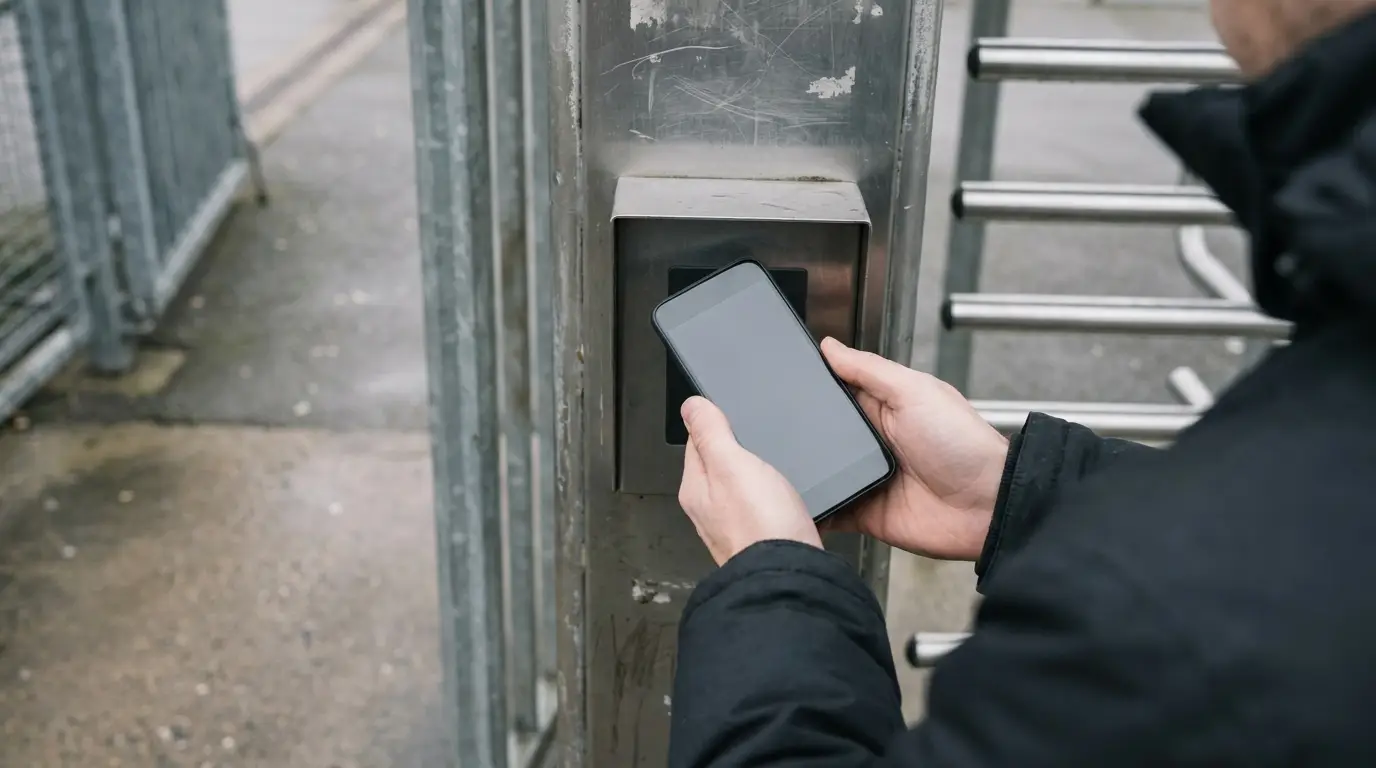 Person using smartphone to access electronic gate outdoors in overcast weather