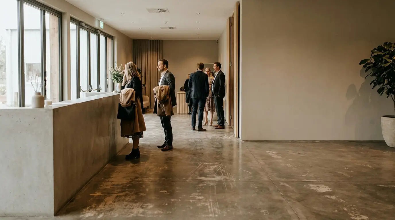 People conversing in modern lobby with concrete floors and large windows