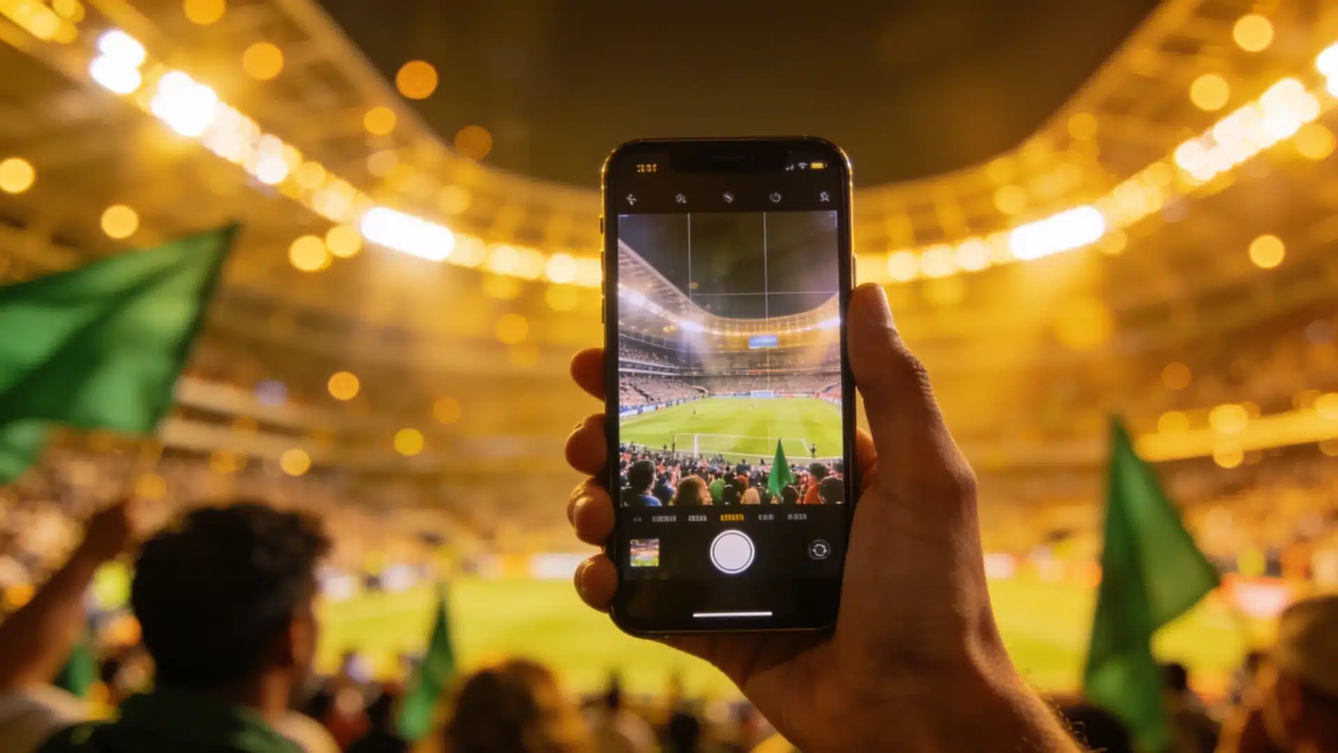 Fan records a soccer match on phone in a bright stadium with green flags