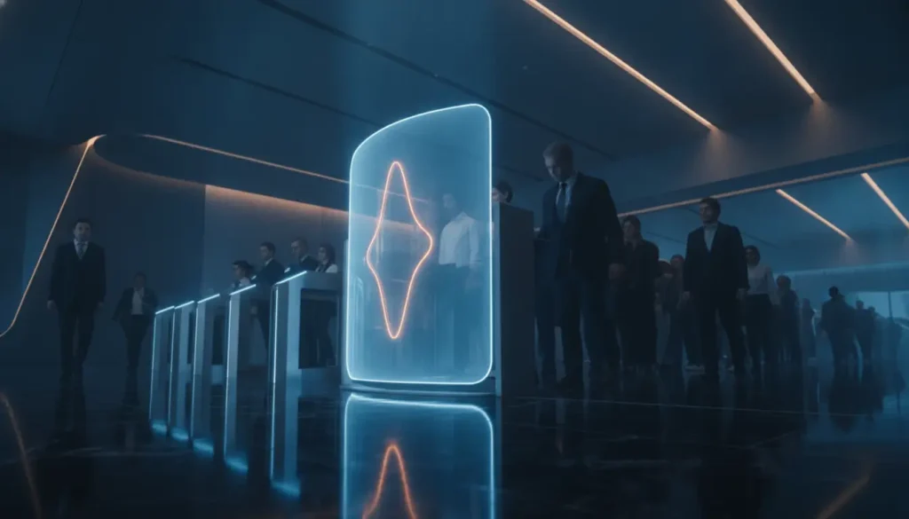 People in business attire walking through futuristic hallway with illuminated panel and sleek design