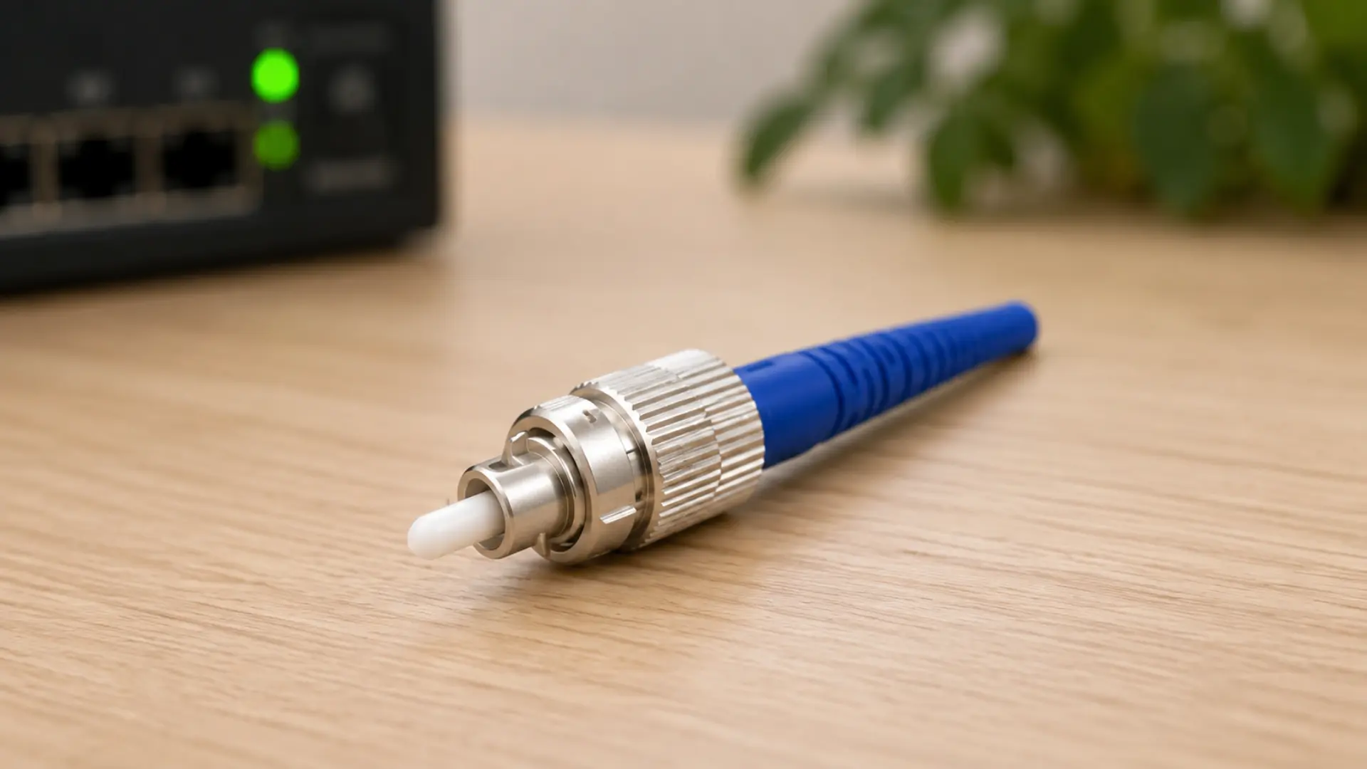 FC fiber optic connector on a wooden desk with blurred networking equipment in the background
