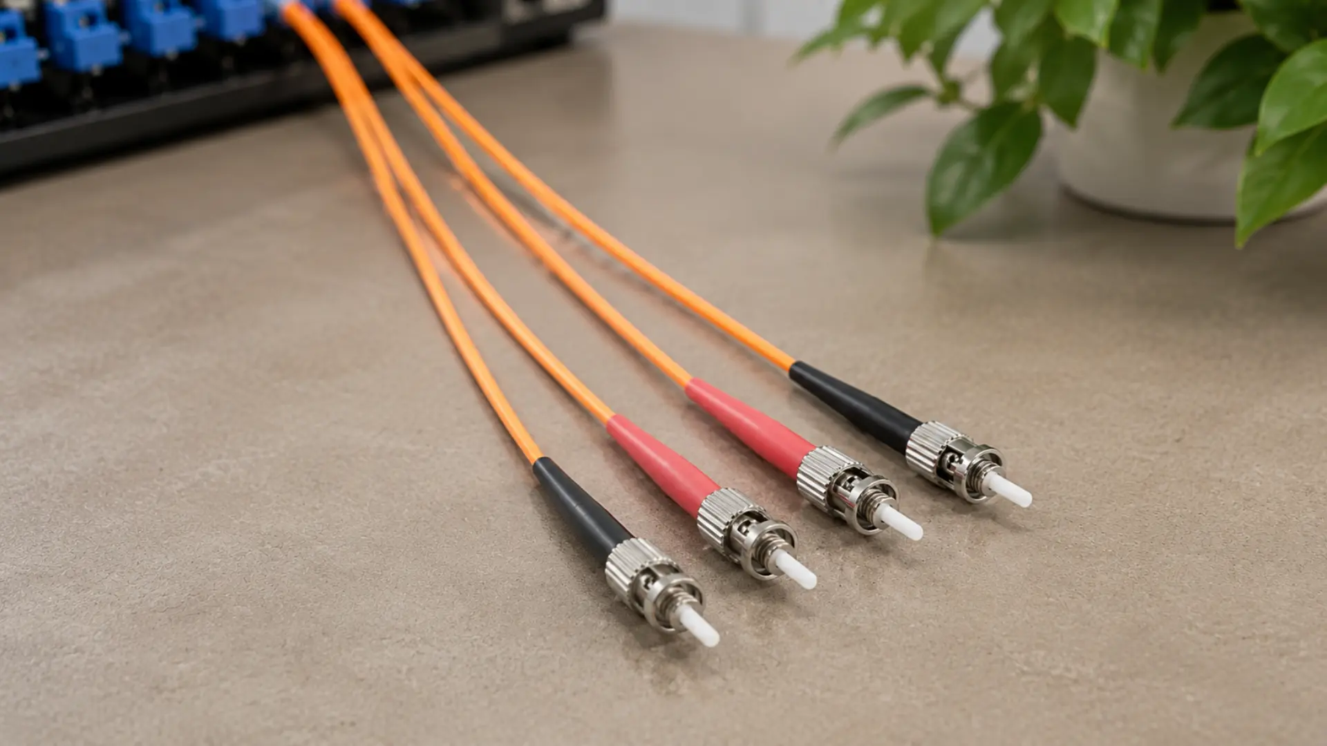Fiber optic patch cables with ST connectors extending across a desk toward a network patch panel in a modern workspace