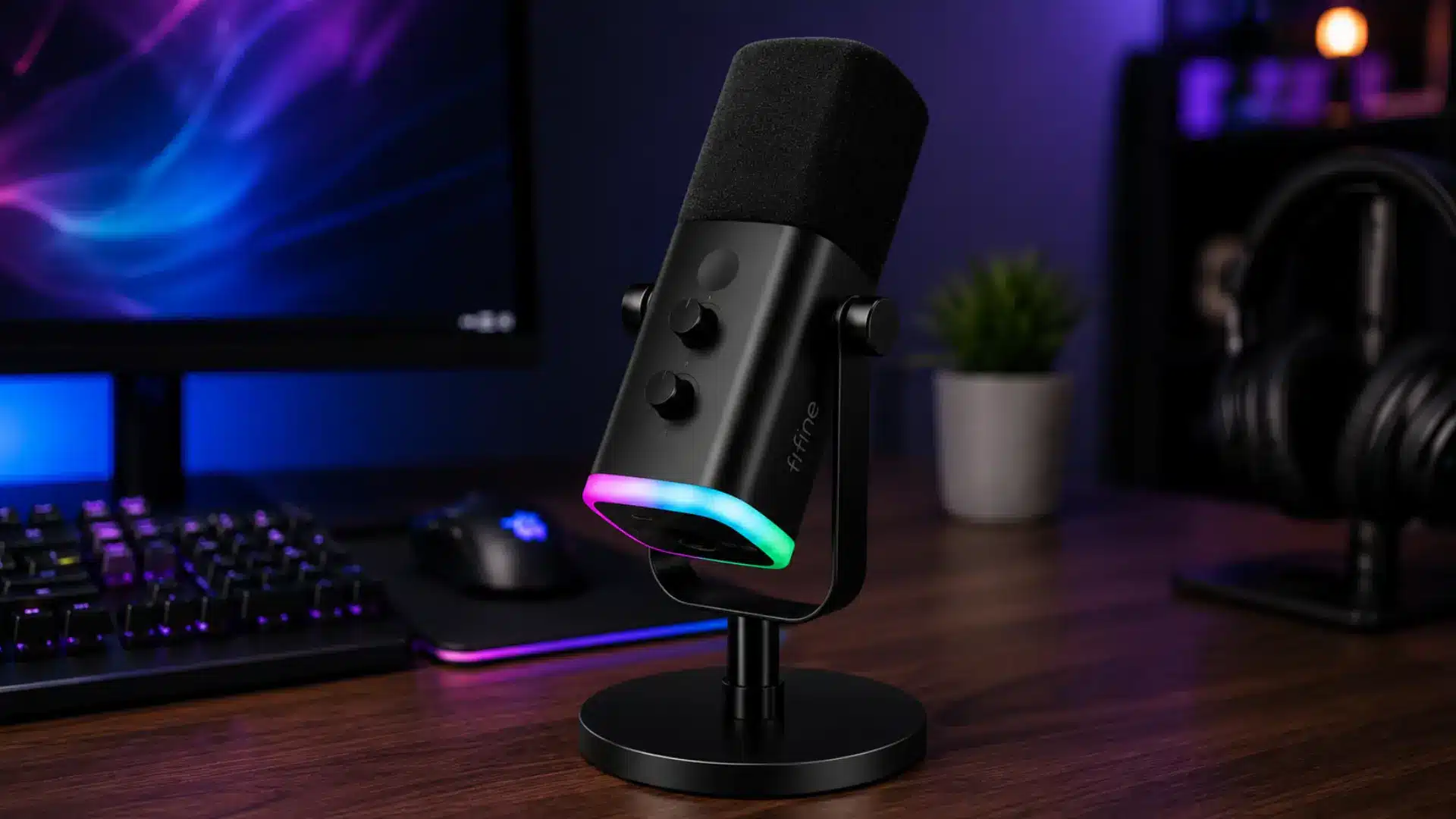 Fifine AM8 microphone with RGB lighting on a clean gaming desk
