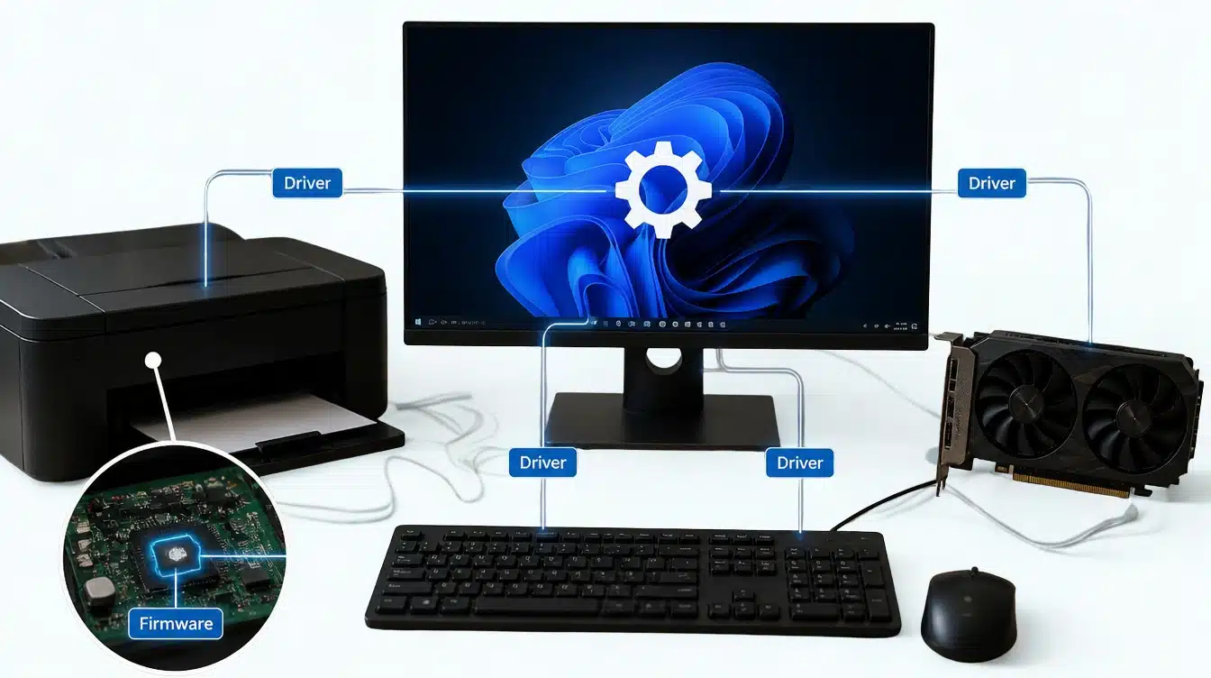 firmware chip and drivers showing how computer software connects with hardware devices
