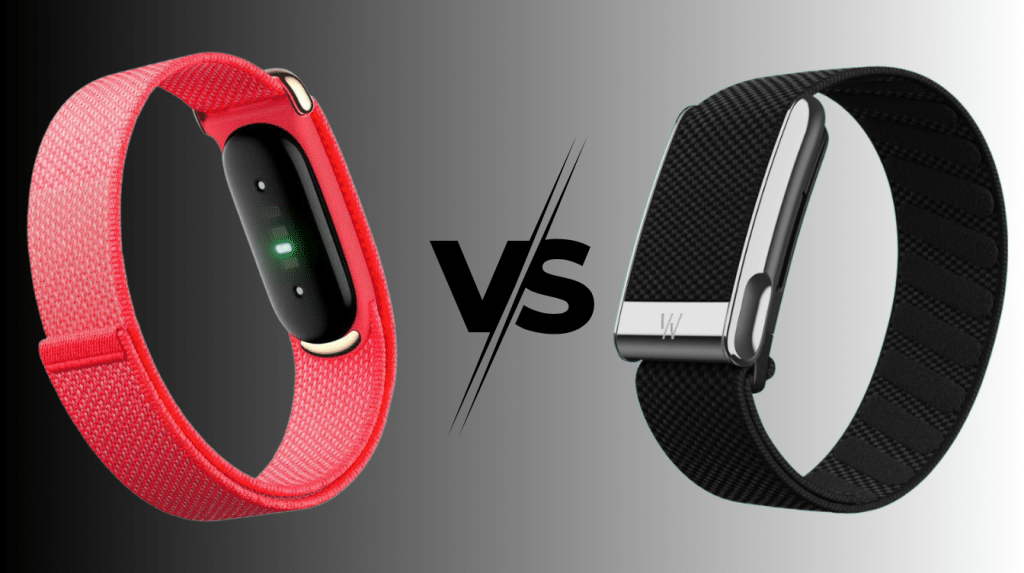 fitbit and whoop fitness trackers compared side by side with vs symbol in center