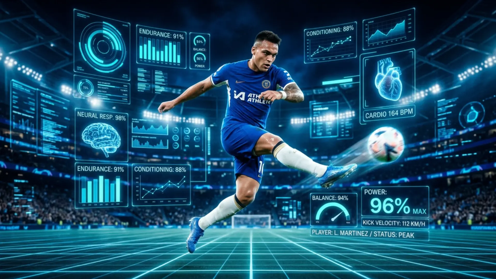 Footballer kicking ball with holographic performance stats in a futuristic stadium
