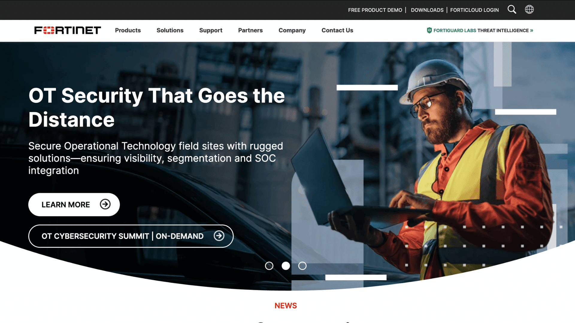 fortinet homepage promoting operational technology security with an engineer using a laptop at an industrial site