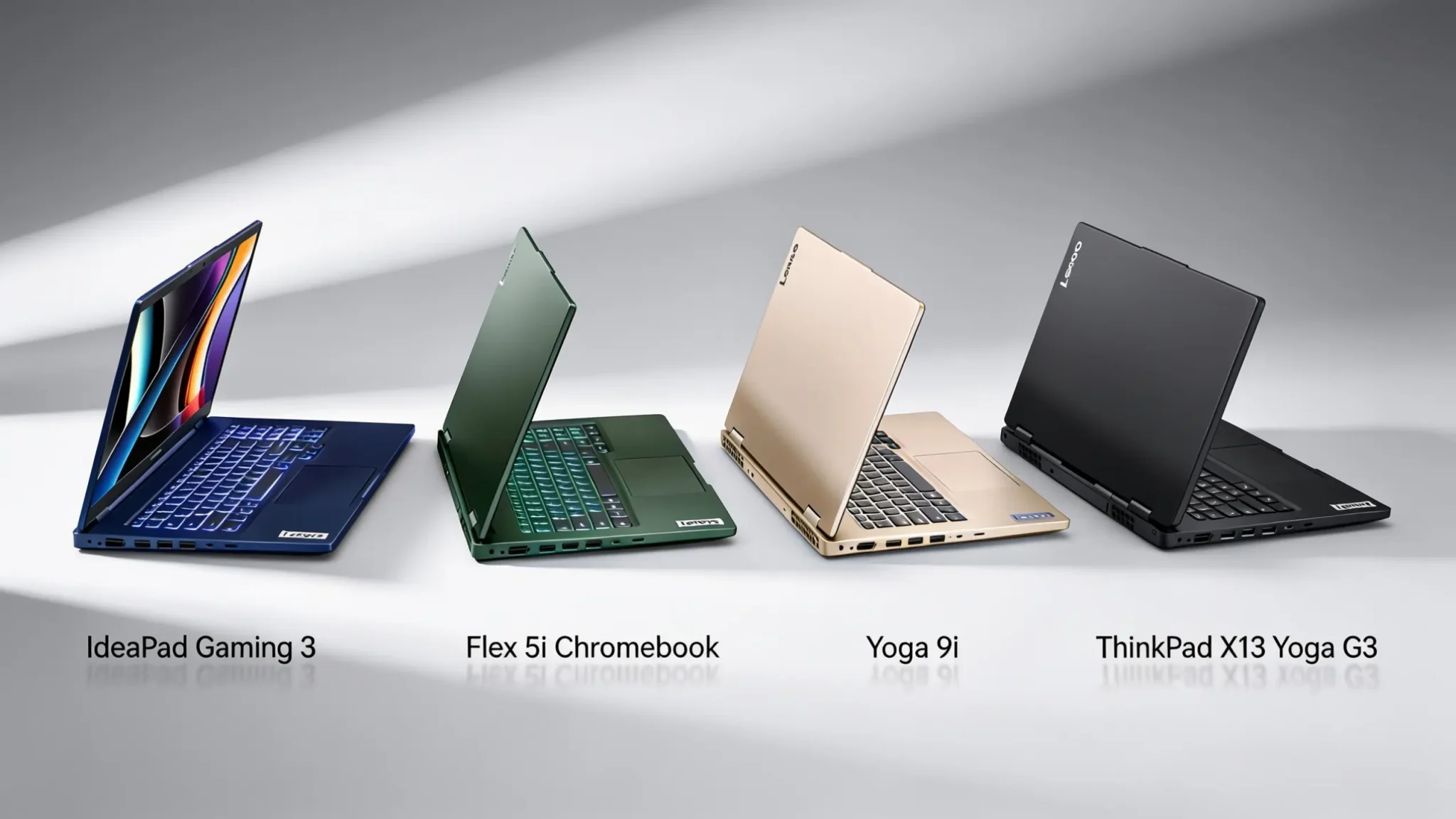 lenovo laptop series lineup showing thinkpad legion ideapad and yoga models for different users