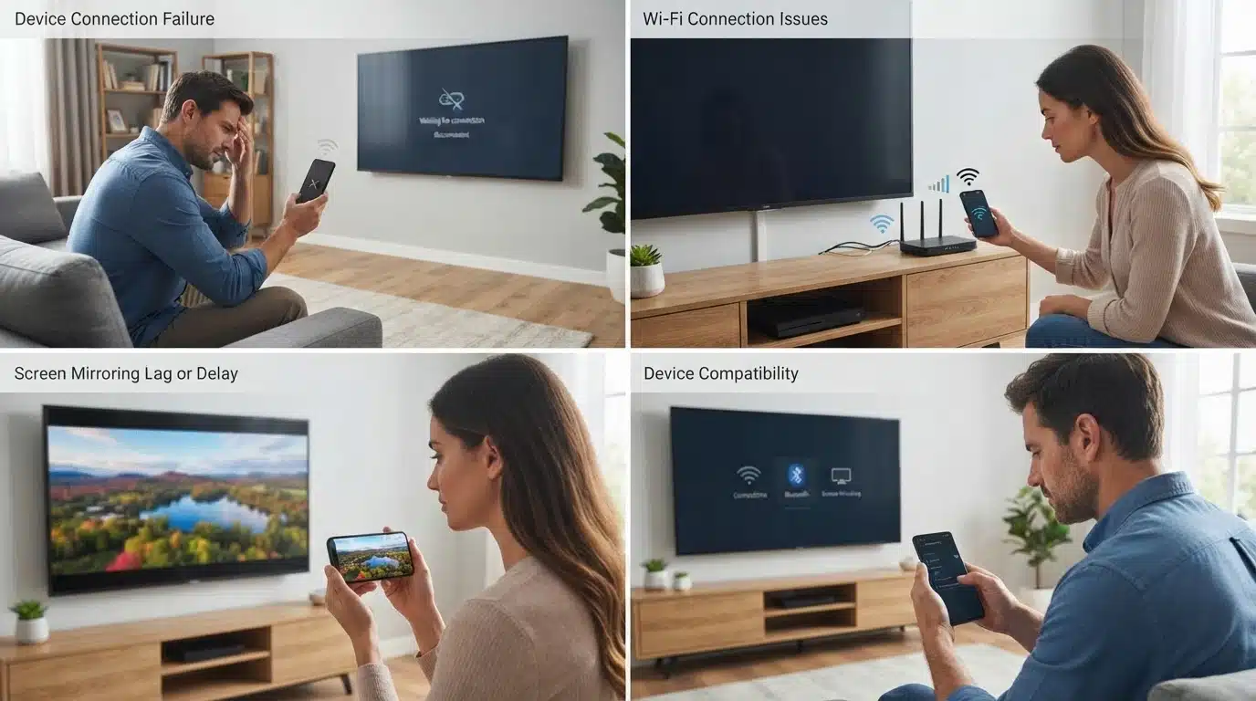 four panel image showing screen mirroring issues with phone tv and wifi fixes