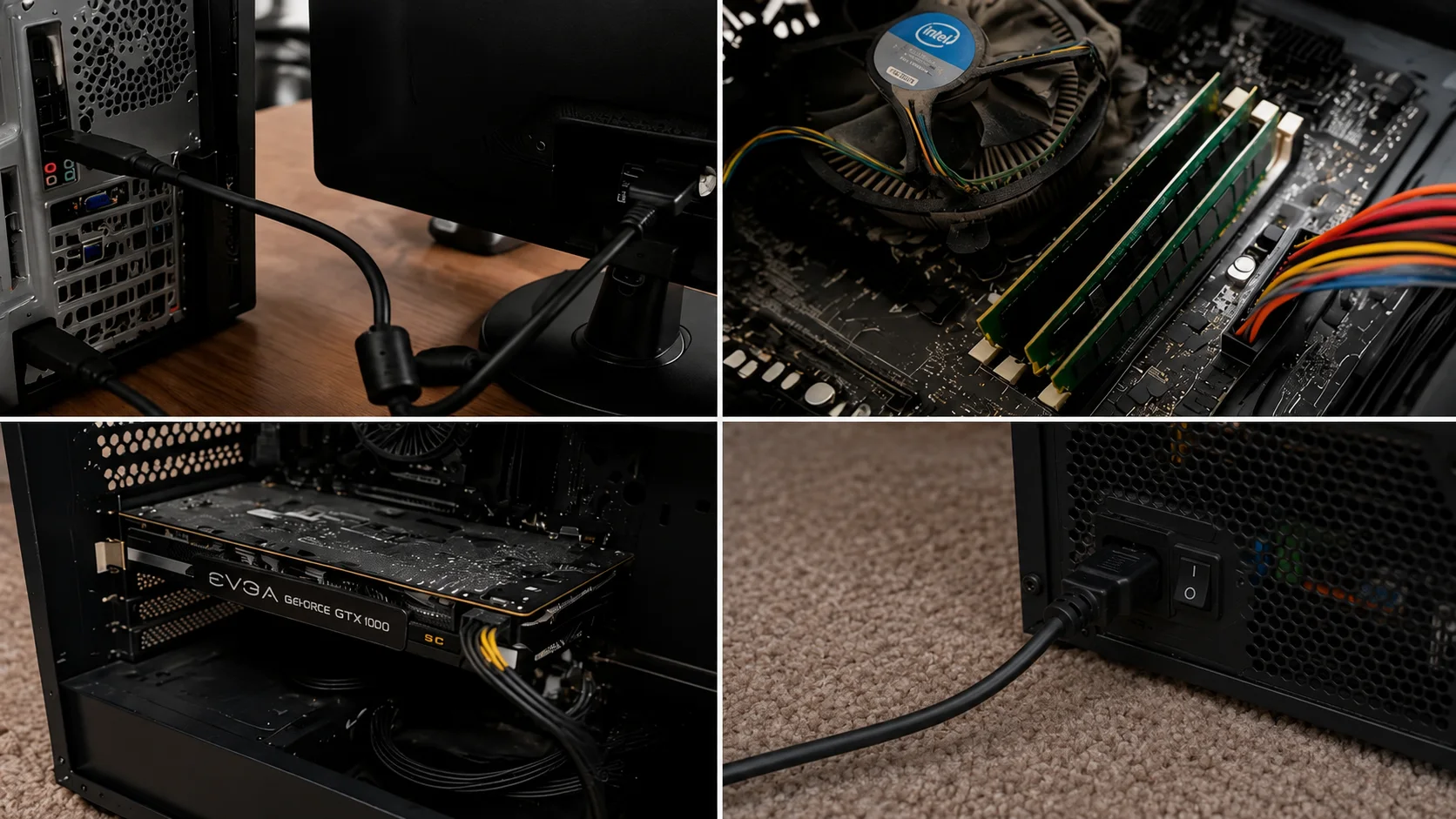 four pc troubleshooting views showing display cable ram graphics card and power supply checks