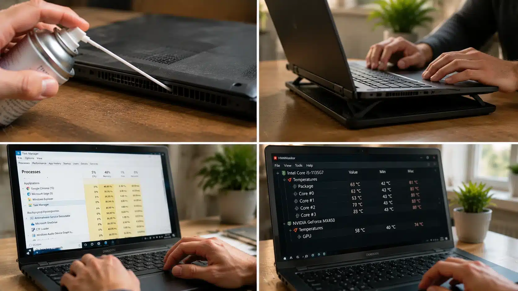 four steps to how to fix laptop overheating with vent cleaning, airflow, task manager, and temperature monitoring