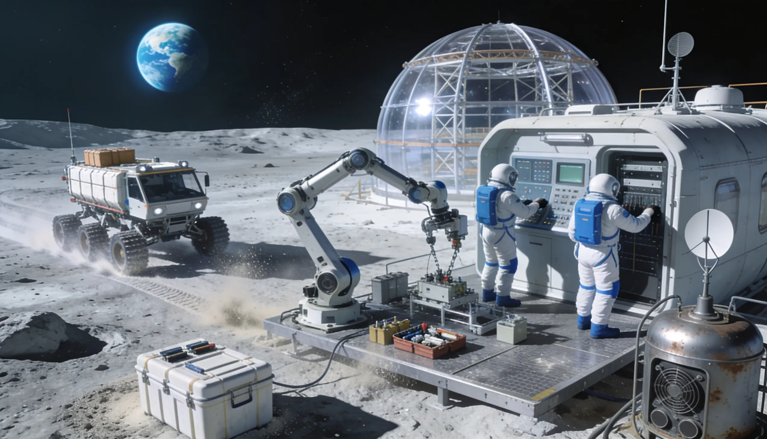 future lunar base with rovers robotic arms and astronauts working together on the moon surface