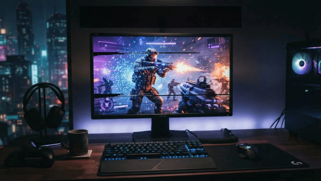 _gaming desk with mid range pc and monitor showing horizontal screen tearing during gameplay with keyboard and mouse