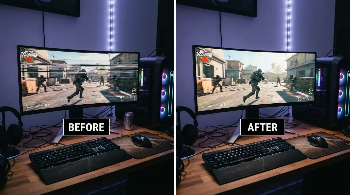 gaming desk with pc monitor showing before with screen tearing on left and after smooth frames on right keyboard