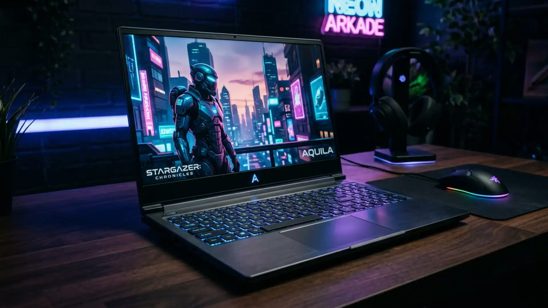 Gaming laptop displaying a sci-fi game on a wooden desk