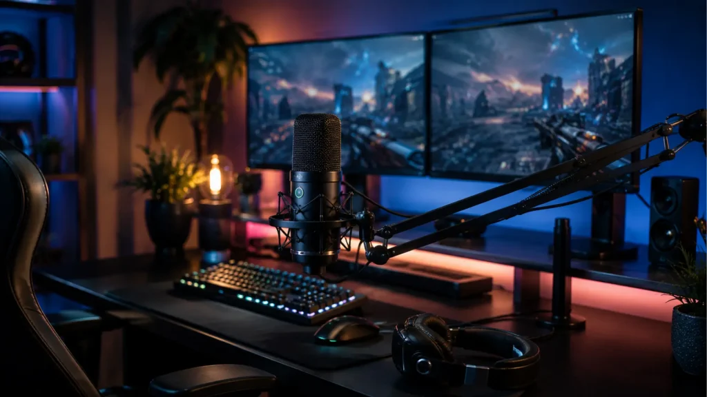 Gaming microphone on modern gaming desk