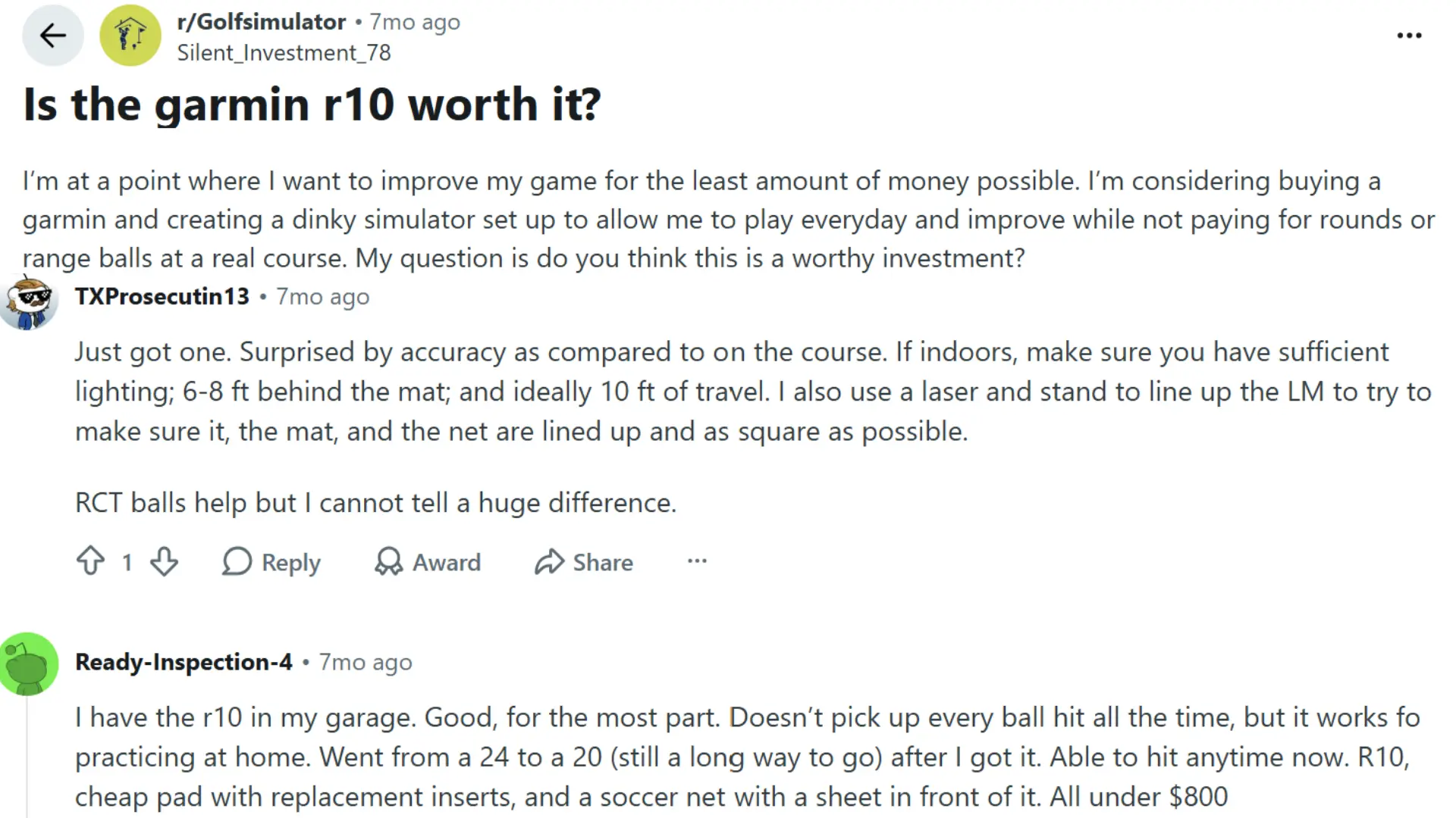 garmin r10 reddit discussion showing user opinions on launch monitor value and setup