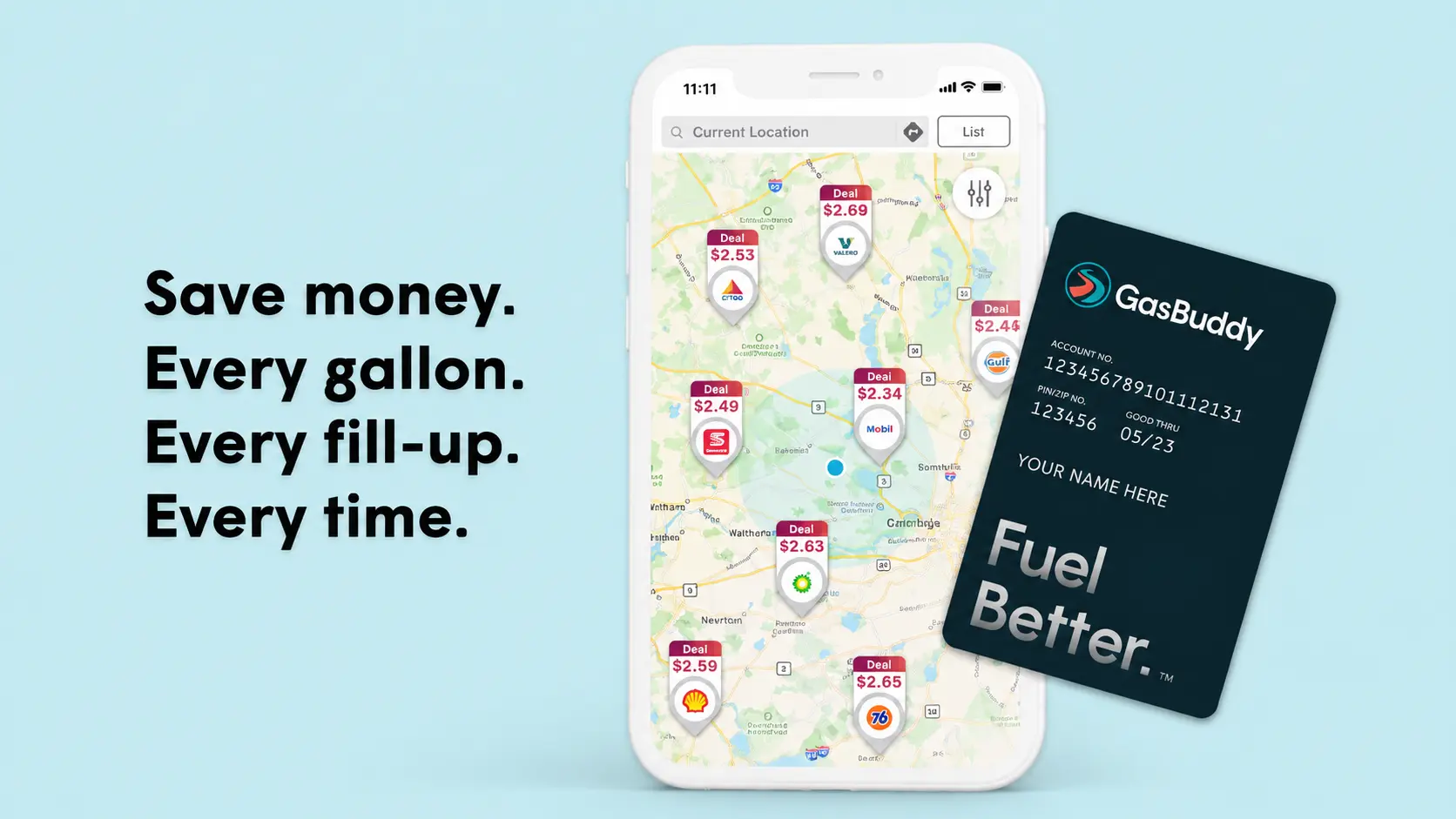 gasbuddy app showing fuel prices and gas station locations for saving money on road trips