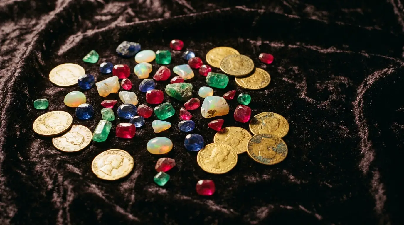 Scattered gemstones and gold coins on dark velvet fabric background