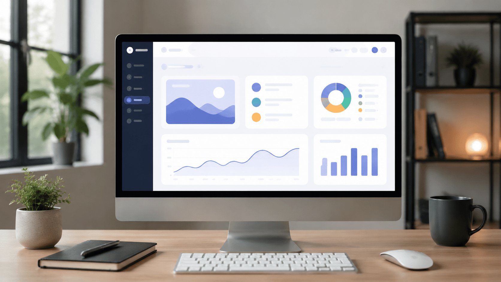 generic web apps dashboard displayed on computer screen with clean office workspace and abstract interface elements