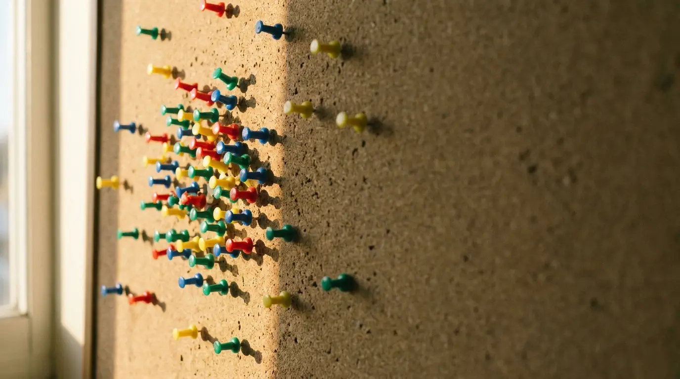 Colorful pushpins clustered on a corkboard in bright natural light