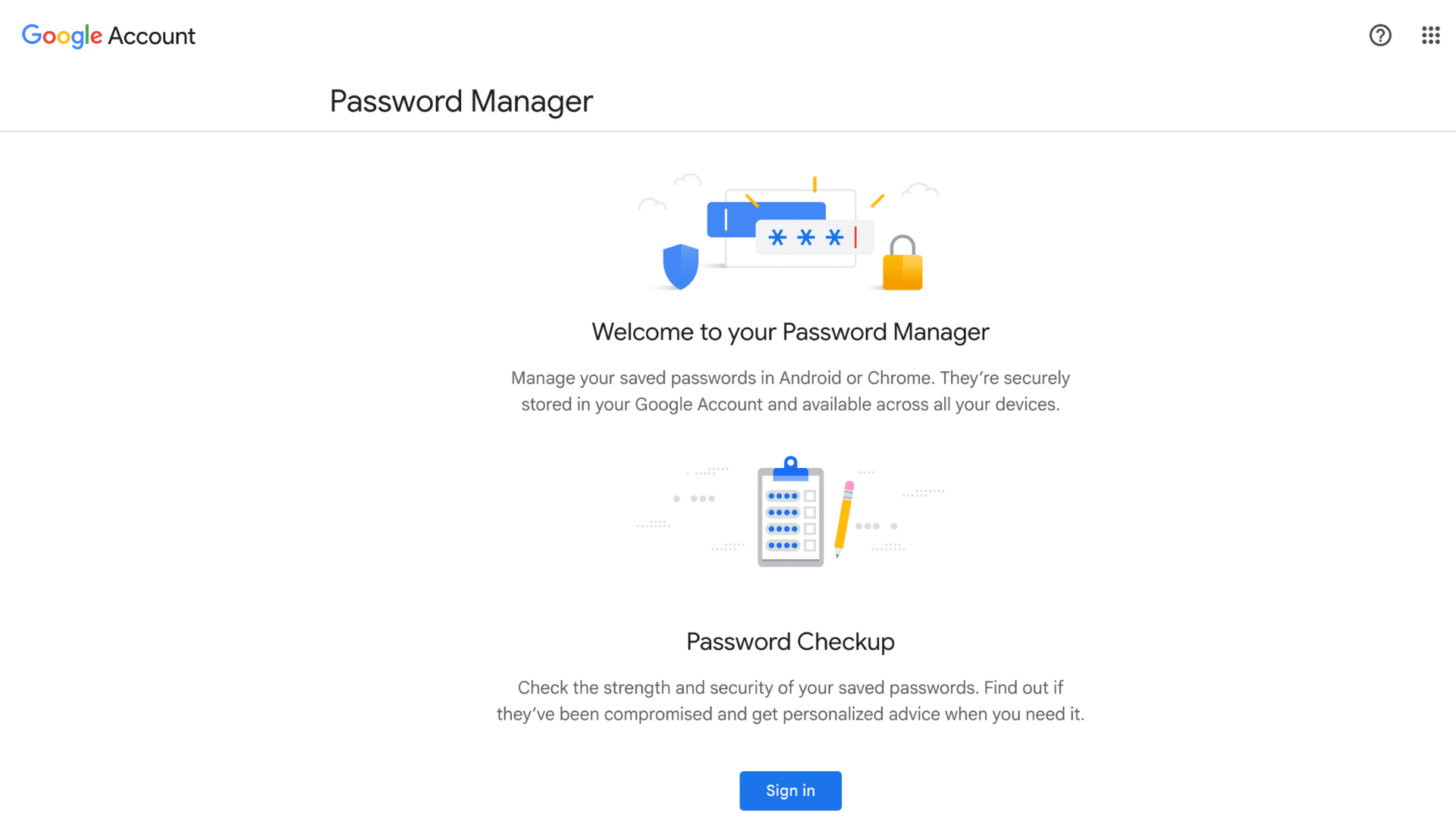 google account password manager page showing secure password storage password checkup features and sign in option