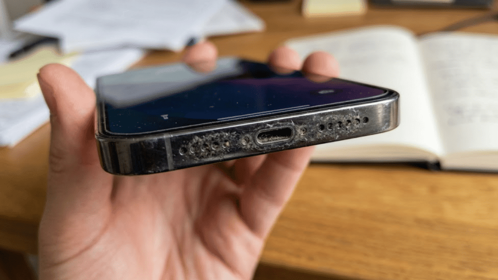 hand holding a smartphone with visible dust and lint clogging the bottom speaker grilles and charging port above a wooden desk indoors