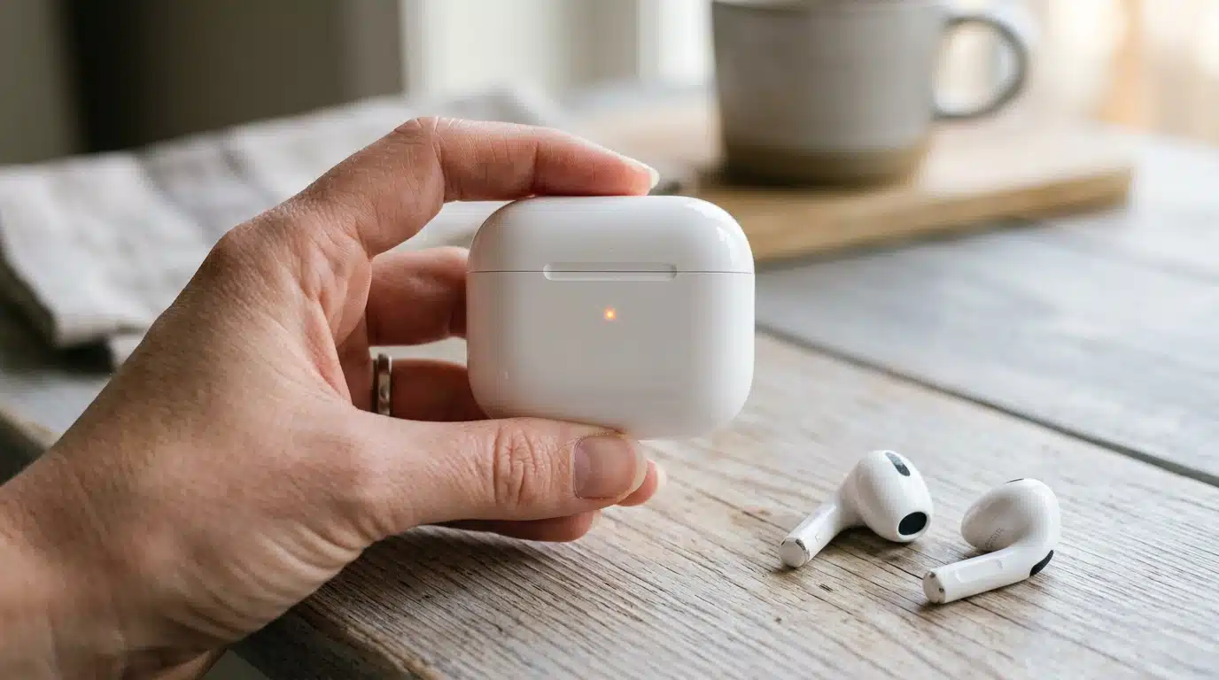 Hand holding AirPods case with orange light while earbuds lie on a wooden table beside a mug