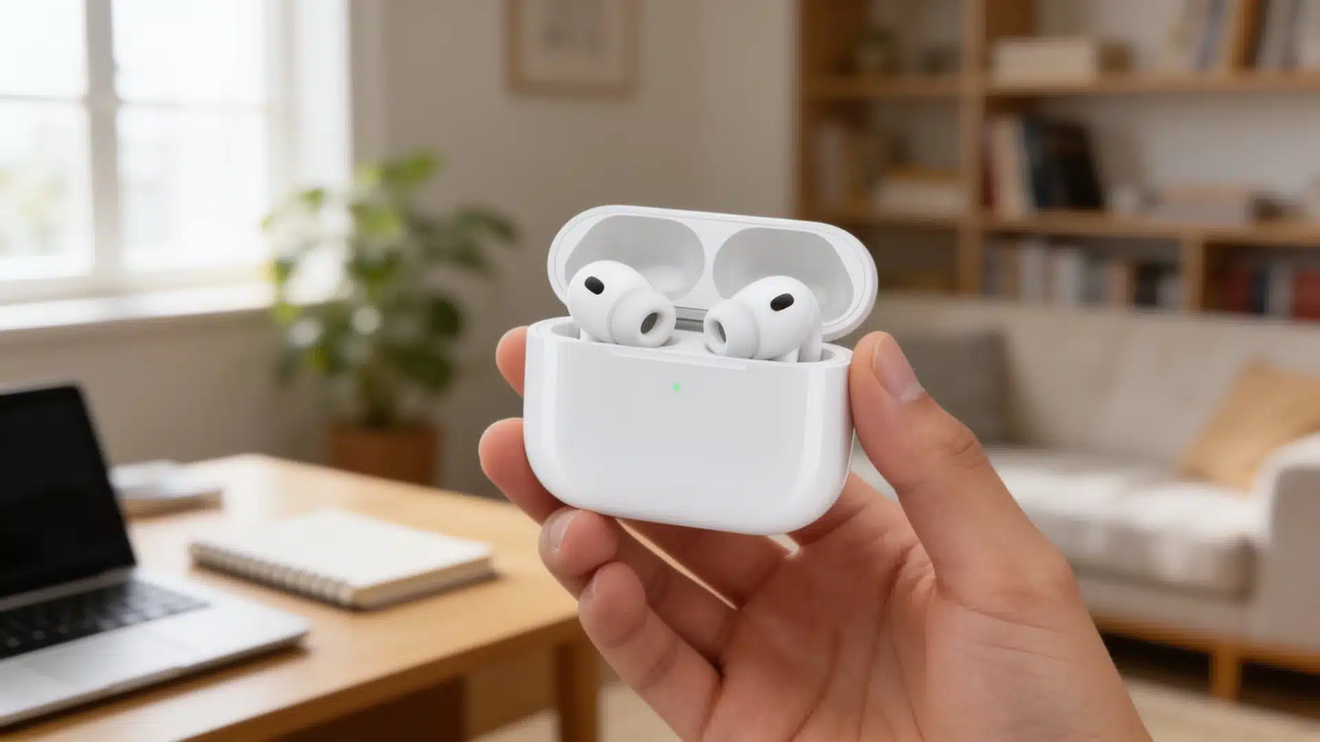 Hand holding an open wireless earbuds case in a cozy home office with laptop and sofa in background