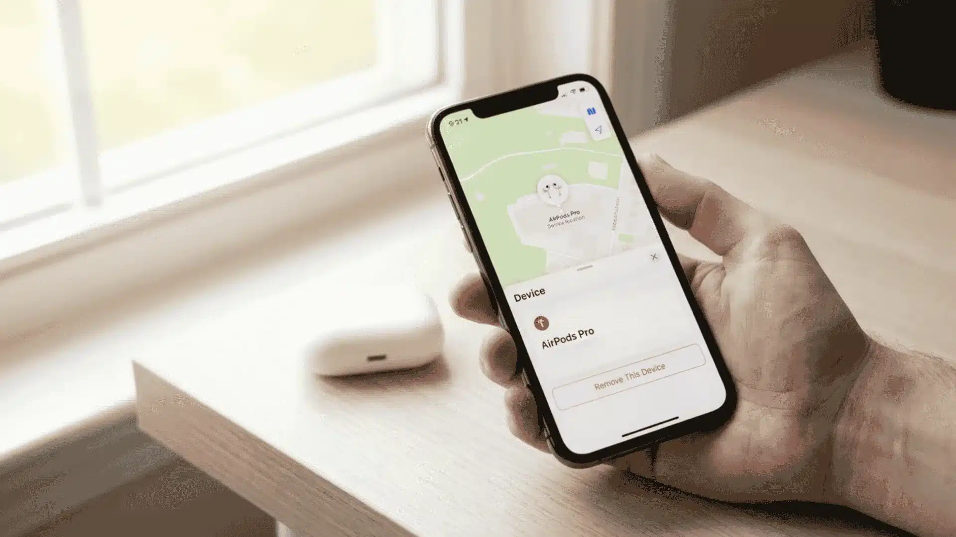 Hand holding iPhone showing AirPods Pro in Find My with Remove This Device option beside AirPods case on desk