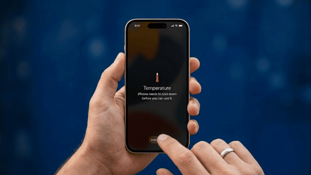 hand holding iphone showing temperature warning while another finger taps emergency button on the screen