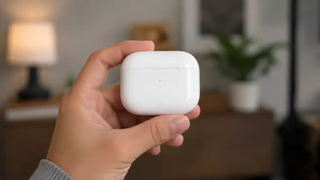 Hand holding white AirPods case indoors with soft blurred background and focus on the case