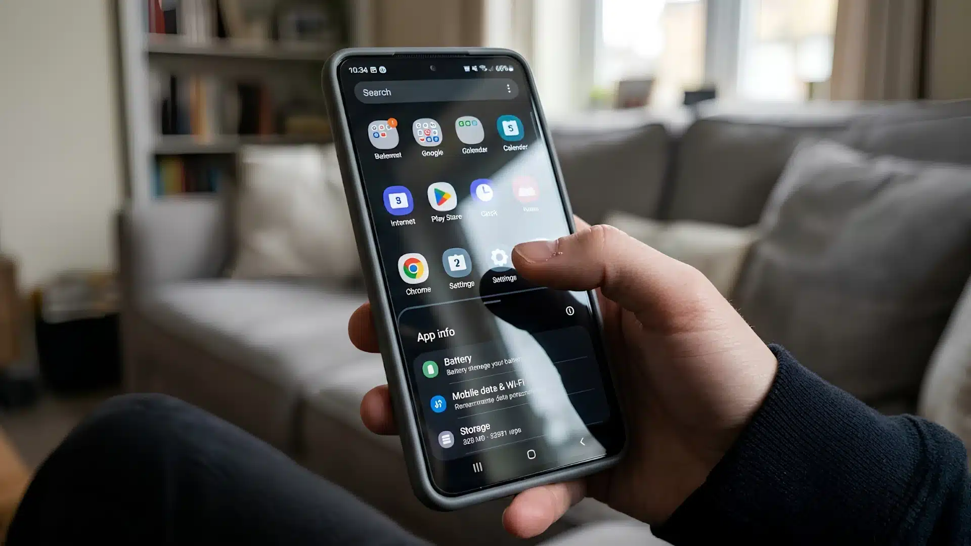 Hand holding an Android phone showing a home screen full of apps before adjusting background settings