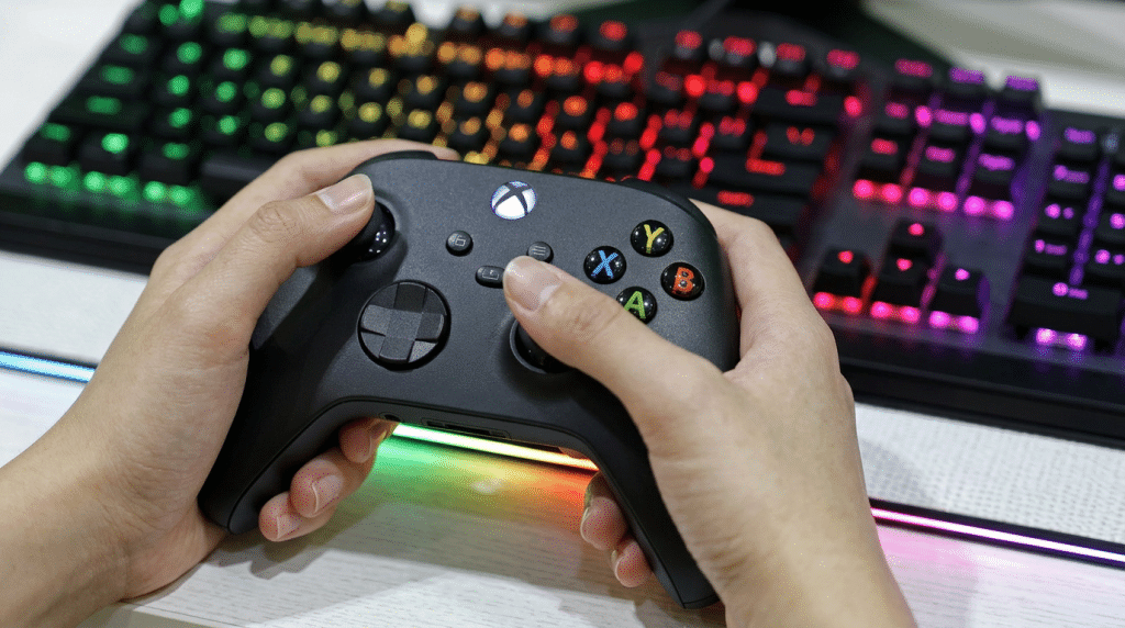 hands holding a gaming controller in front of a rainbow backlit keyboard during gameplay at a computer desk