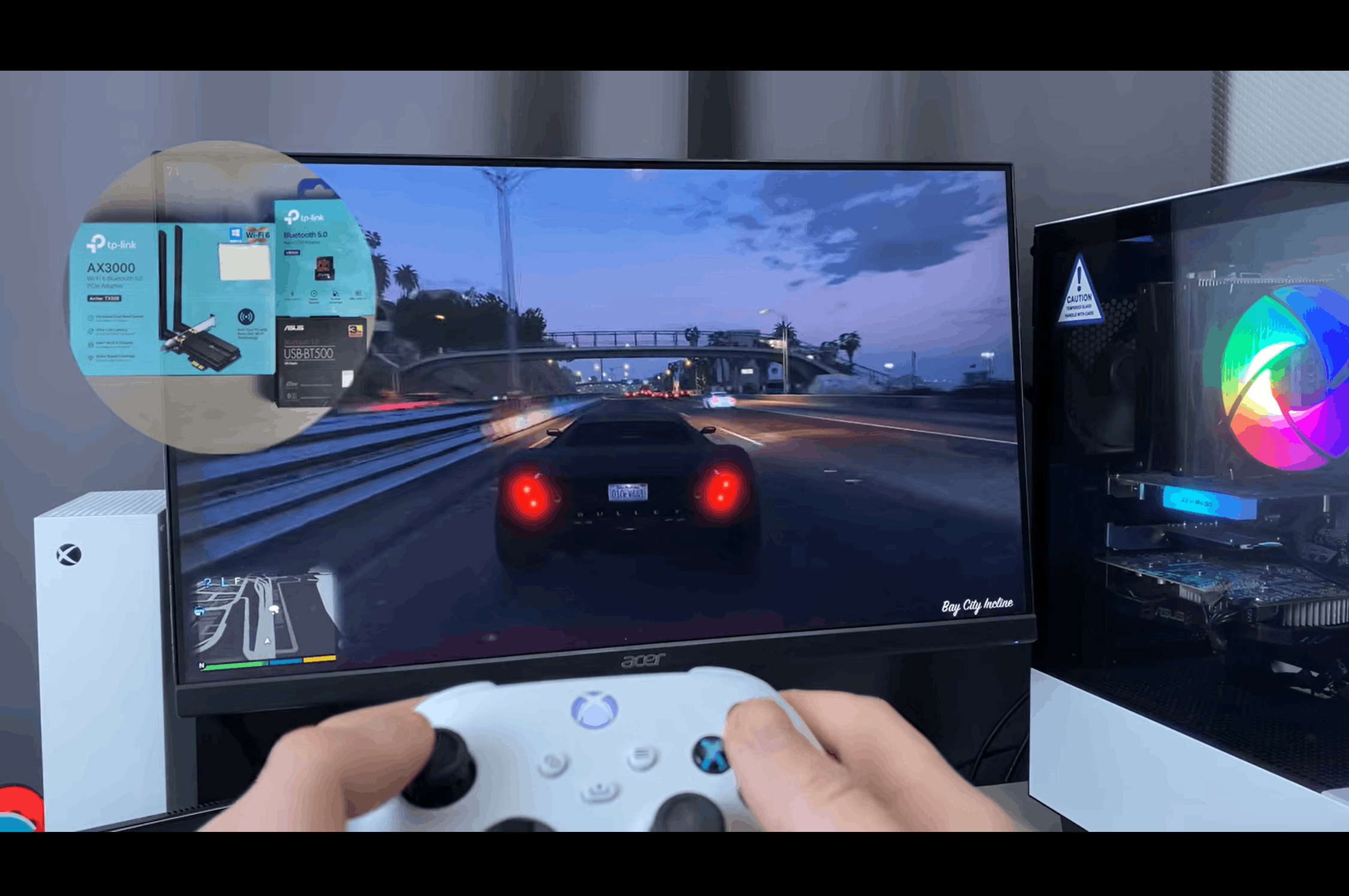 hands holding a white xbox controller while playing a racing game on a desktop pc with wireless adapter options shown on screen