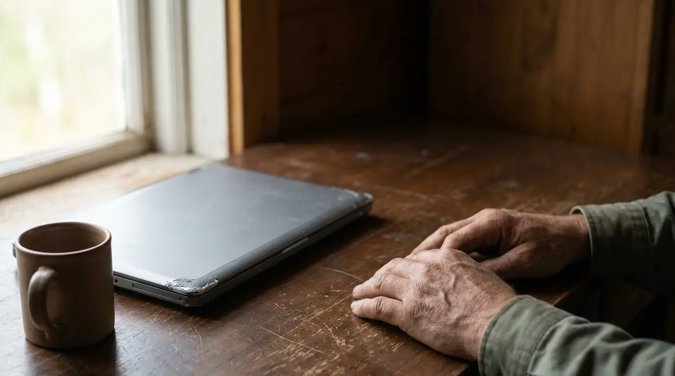 Laptop and hands resting on wooden desk with ceramic mug near window in natural light