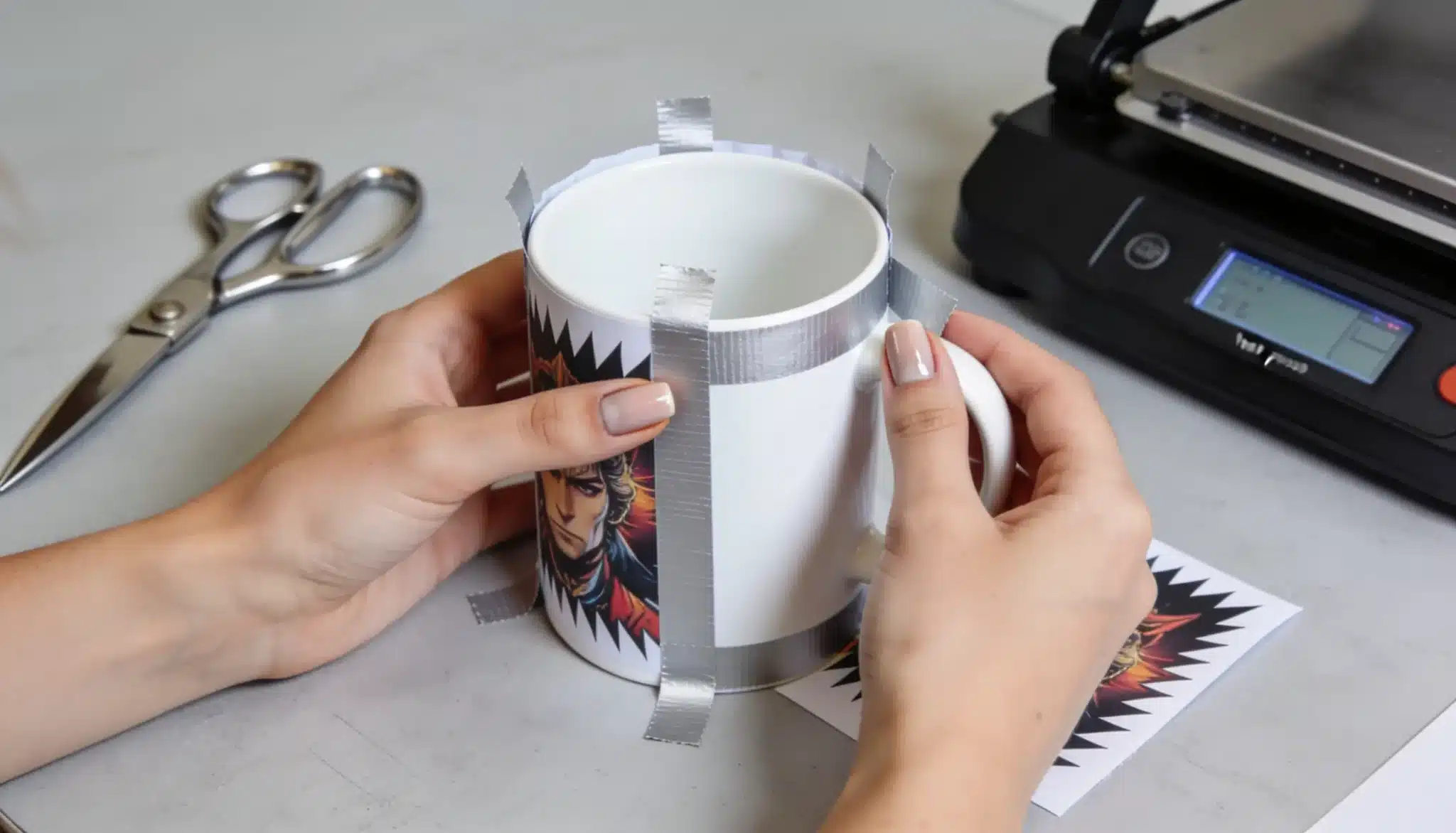 hands preparing a sublimation design on paper near a heat press and blank mug on a clean craft desk