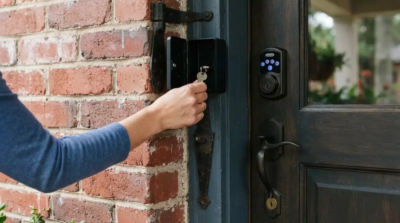 hands replacing hidden spare key with smart lock at modern home entrance