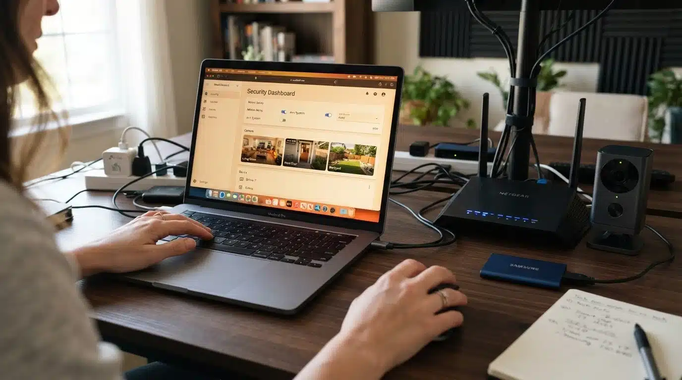 hands securing smart home devices and Wi-Fi settings on laptop