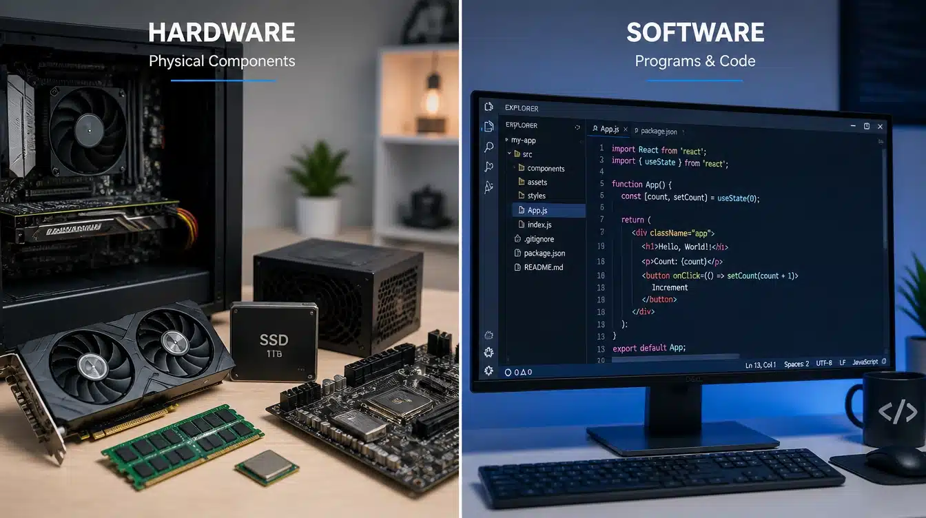 hardware and software comparison showing computer chip components beside digital code and apps