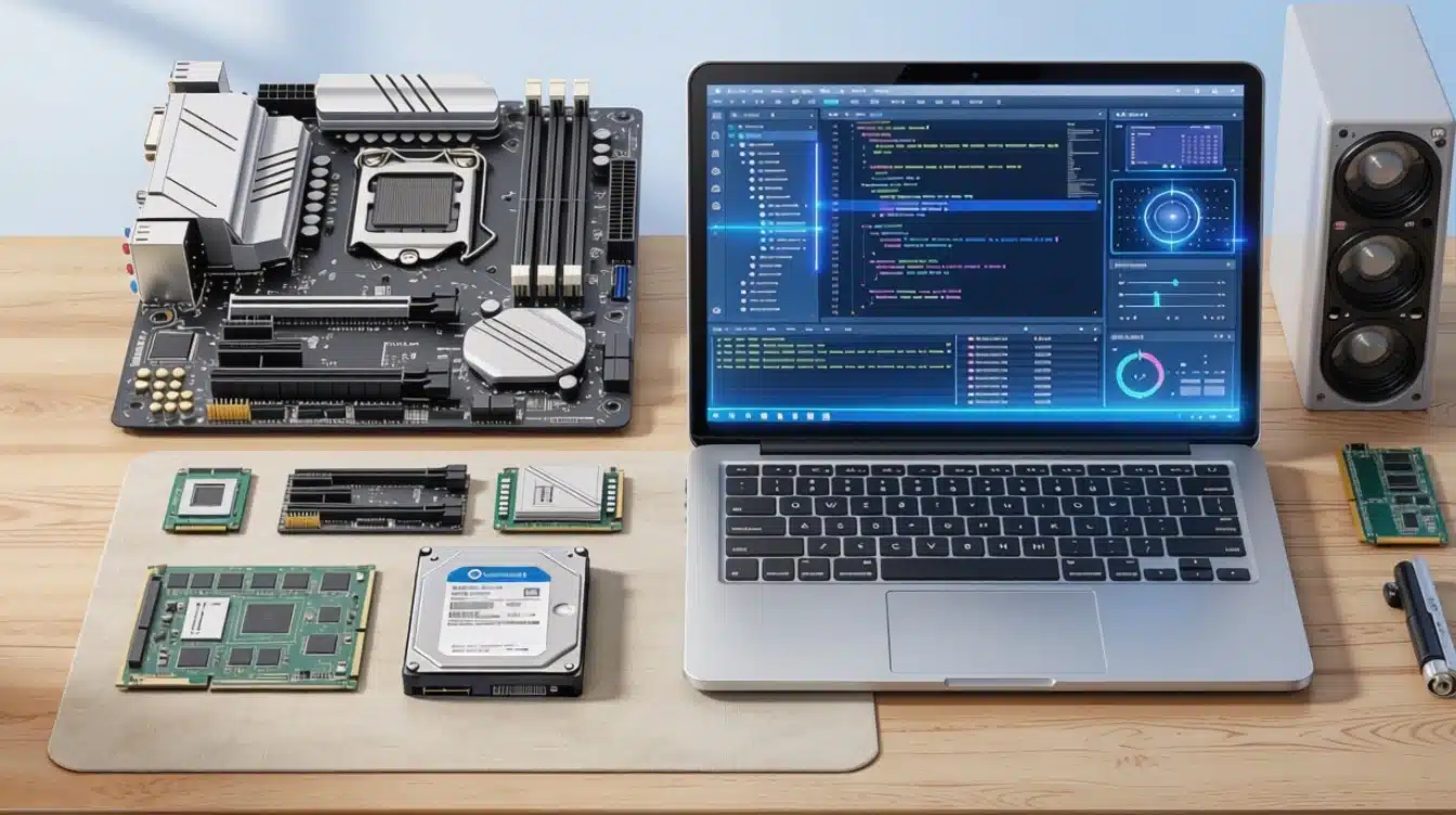 hardware components and software interface showing how computer systems work together visually..