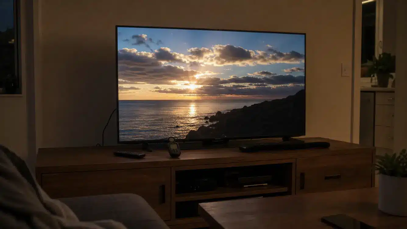hdr television showing bright sunlight reflections and preserved cloud detail beside darker scenery