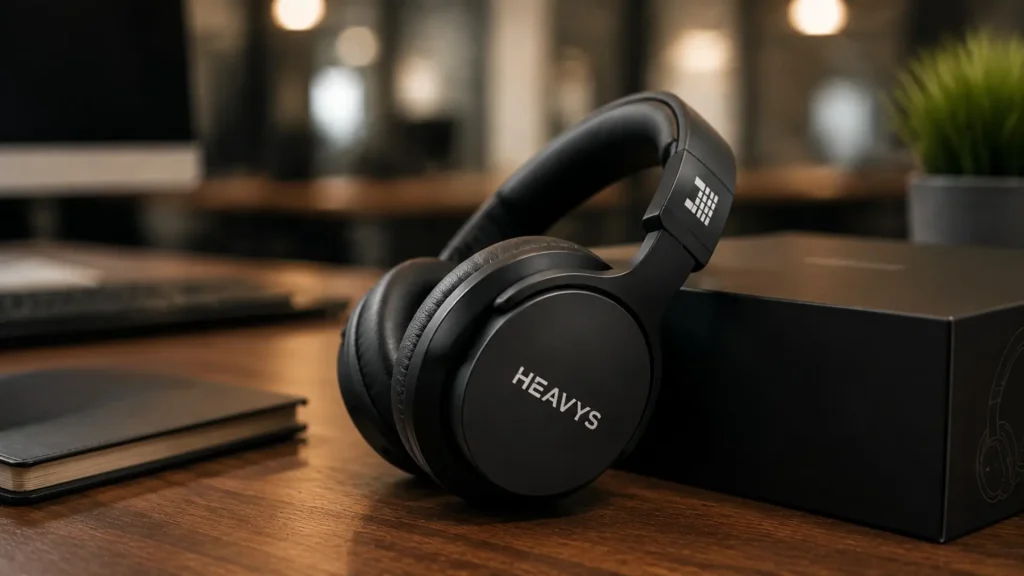 Heavys H1H headphones leaning against the retail box on a wooden desk in a modern office setting